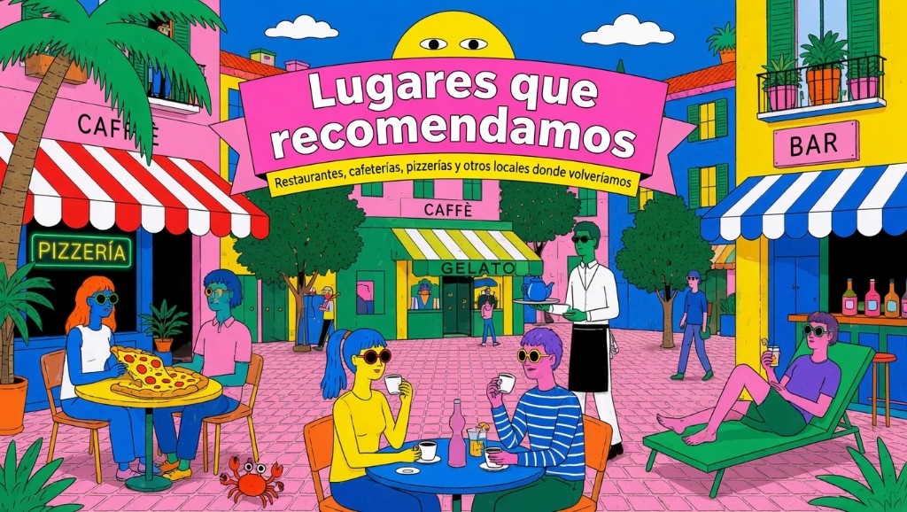 Ilustración de una plaza con pizzería, cafetería y terraza al sol