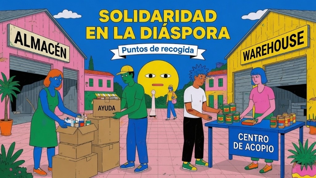 Ilustración «Solidaridad en la diáspora · Puntos de recogida»: personas organizando cajas de ayuda y latas en un centro de acopio.