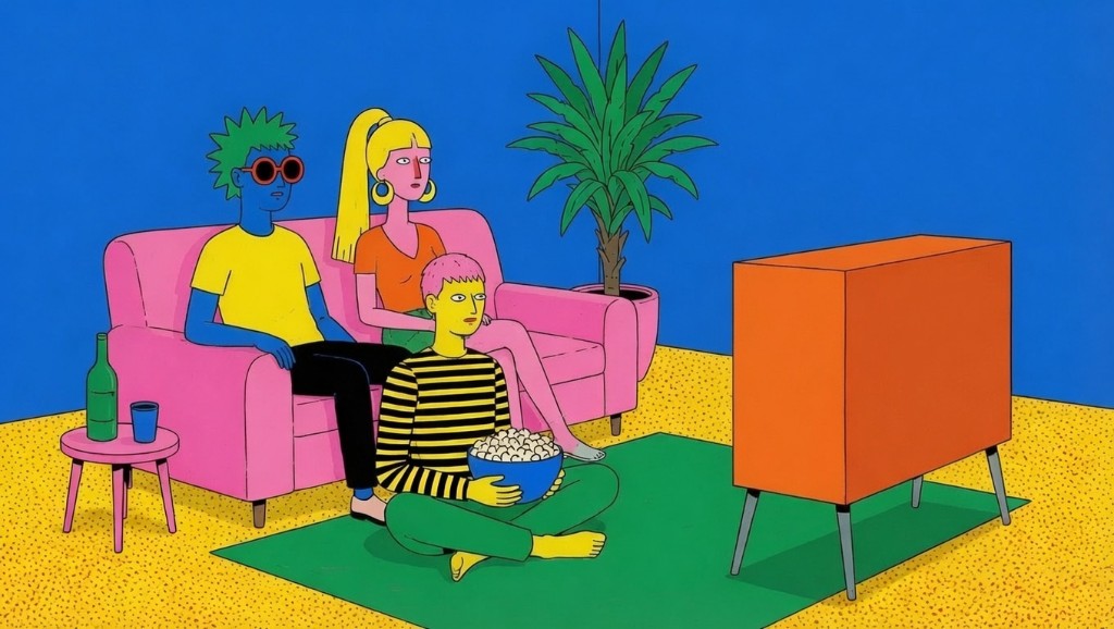 Ilustración pop art de tres personas viendo la televisión en un salón colorido.